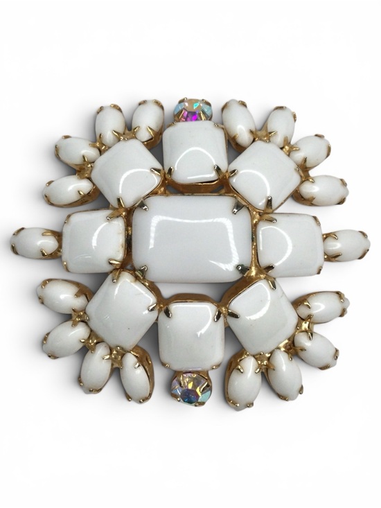 Source Unknown Jewelry - Vintage Gold-Tone Milk Glass Cabochon Floral Brooch with AB Accents
